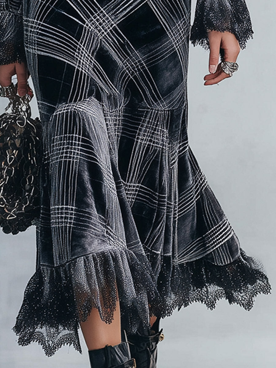 Elegant Lace-Trimmed Black Plaid Lace-Trimmed Velvet Midi Dress