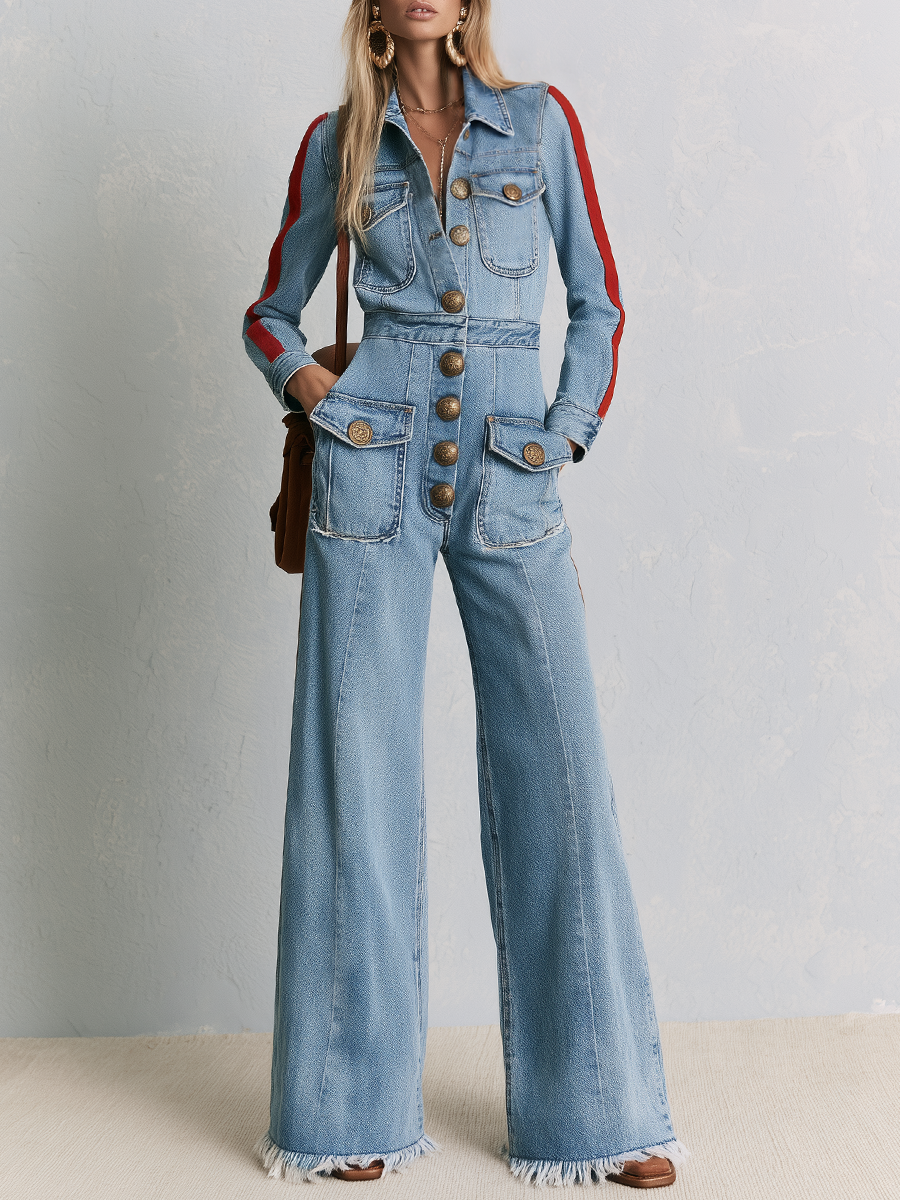 Retro Western Red Stripe Sleeve Button Front Wide Leg Denim Jumpsuit