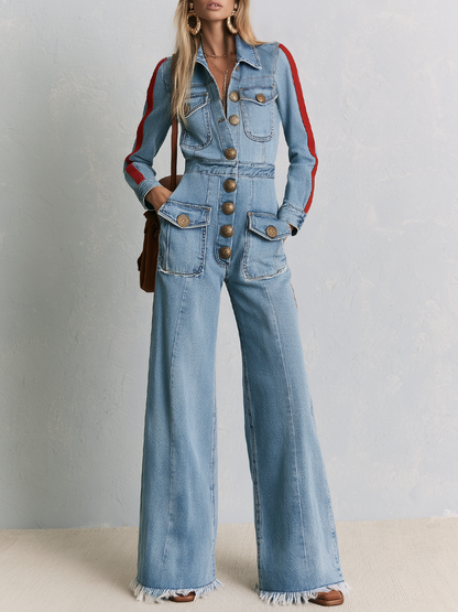 Retro Western Red Stripe Sleeve Button Front Wide Leg Denim Jumpsuit
