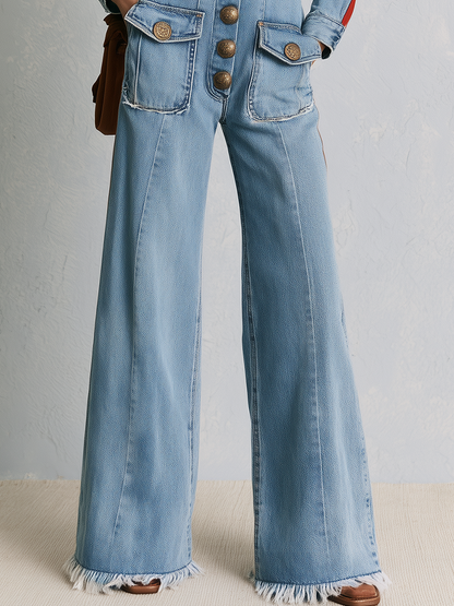 Retro Western Red Stripe Sleeve Button Front Wide Leg Denim Jumpsuit