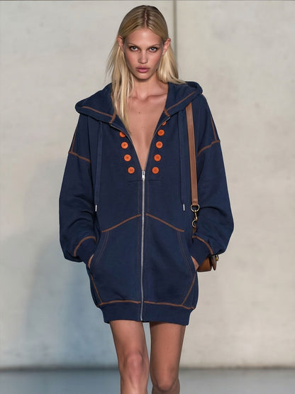 Casual Retro Double-breasted Decorative Button Blue Hooded Zip-up Cotton Mini Dress