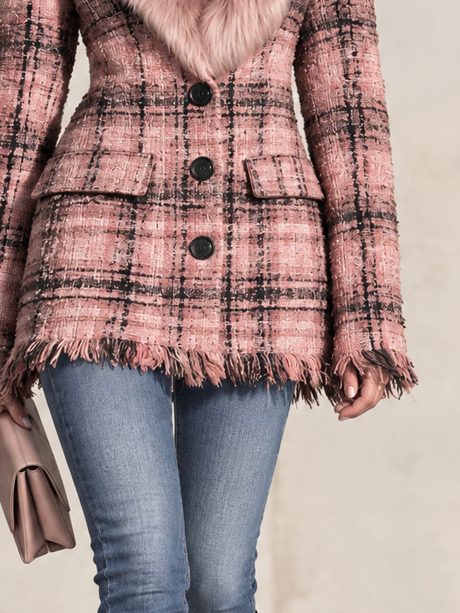 Retro-elegant Faux Fur Collar Pink Tassel Single-breasted Tweed Coat