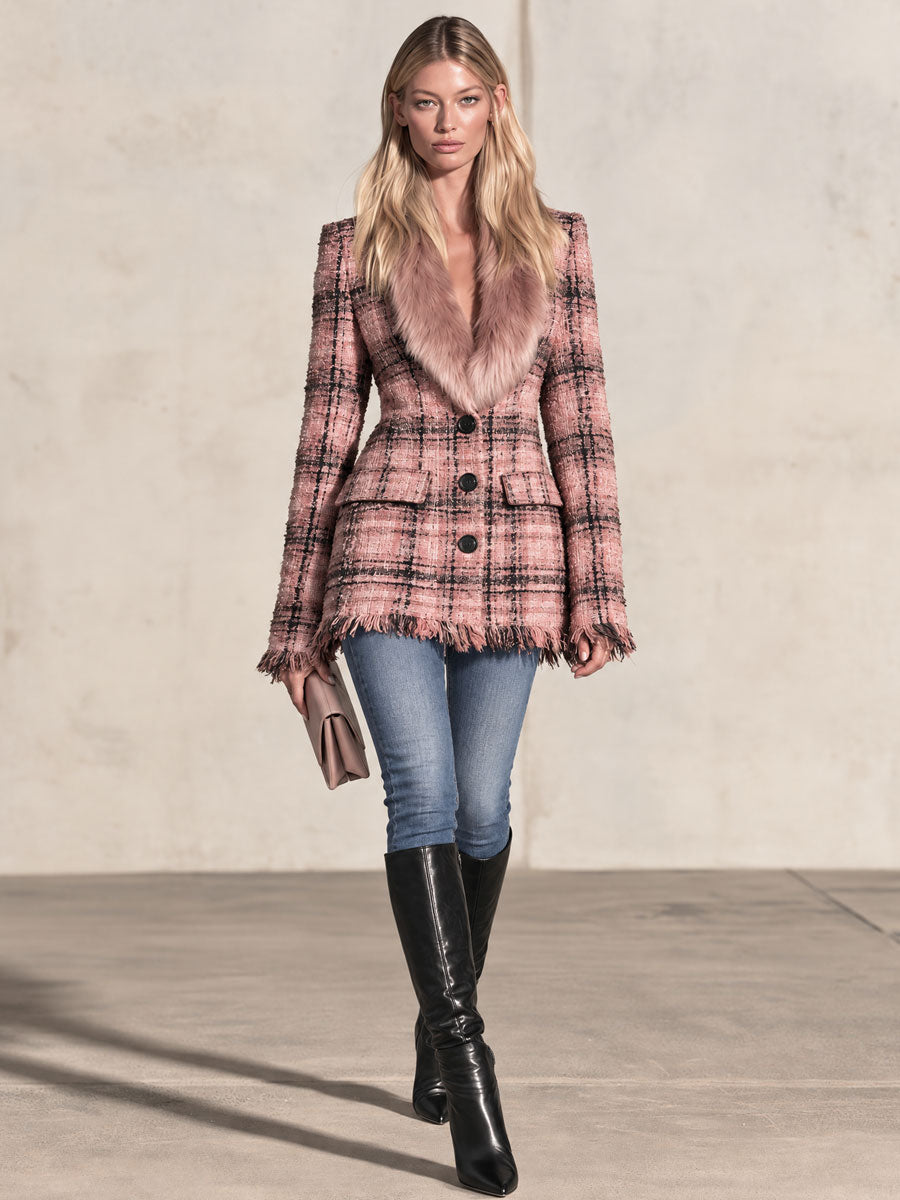 Retro-elegant Faux Fur Collar Pink Tassel Single-breasted Tweed Coat