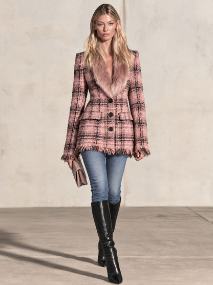Retro-elegant Faux Fur Collar Pink Tassel Single-breasted Tweed Coat