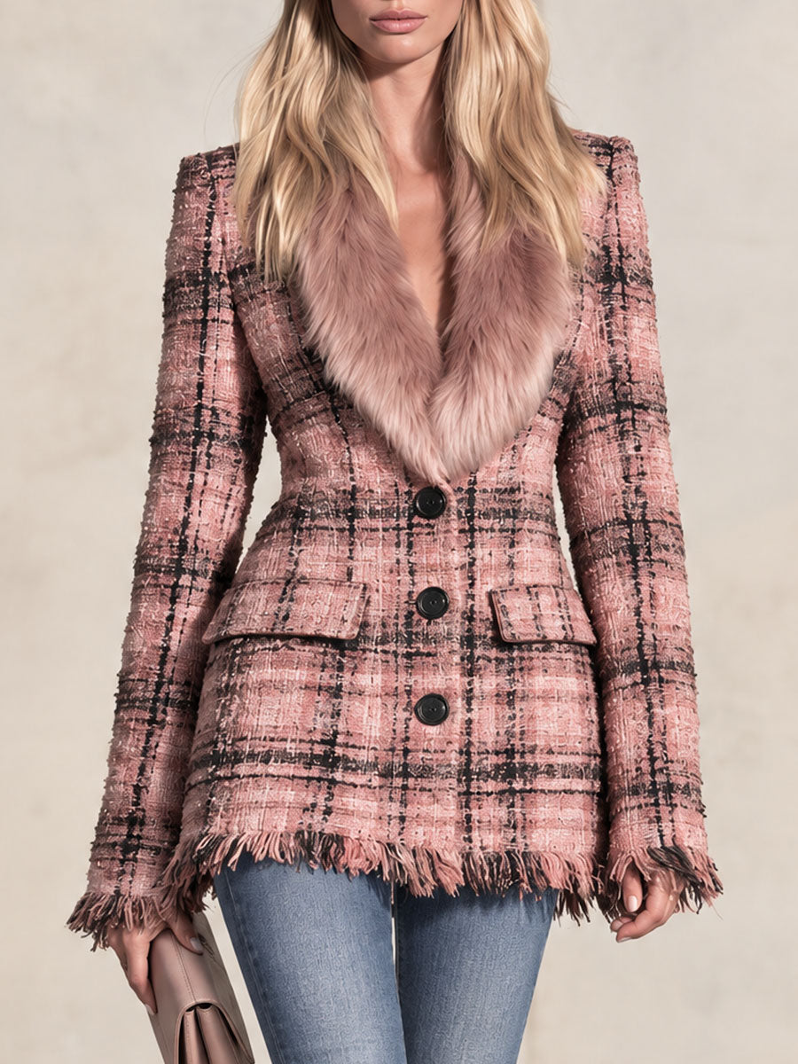 Retro-elegant Faux Fur Collar Pink Tassel Single-breasted Tweed Coat