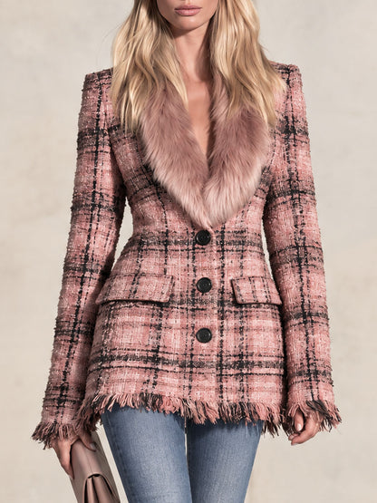 Retro-elegant Faux Fur Collar Pink Tassel Single-breasted Tweed Coat