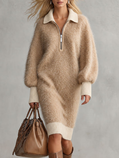Casual Retro Color-blocked Collared Khaki Brown Knit Midi Dress