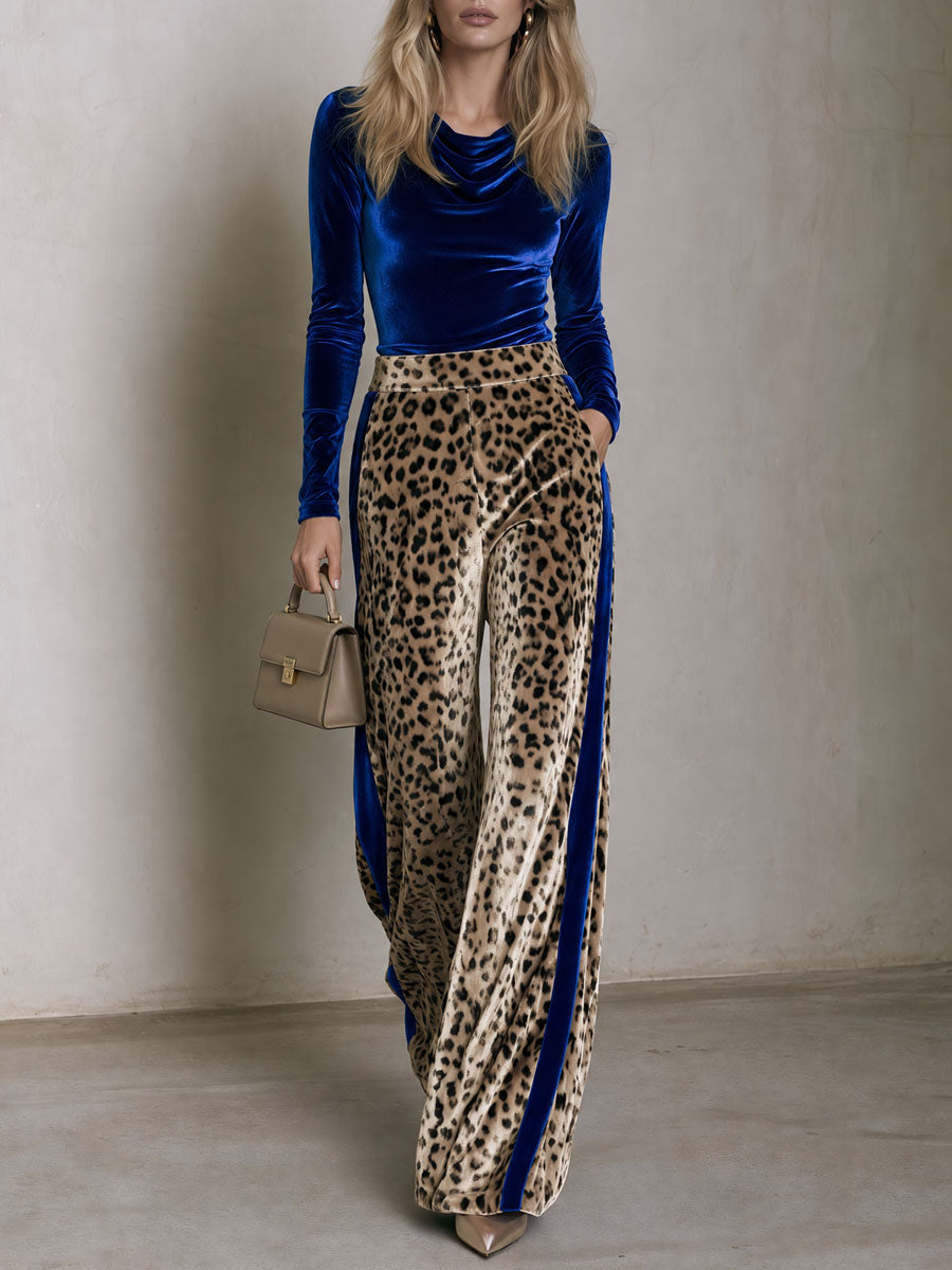 Elegant Retro Royal Blue Velvet Top And Leopard Print Velvet Wide-leg Pants Set