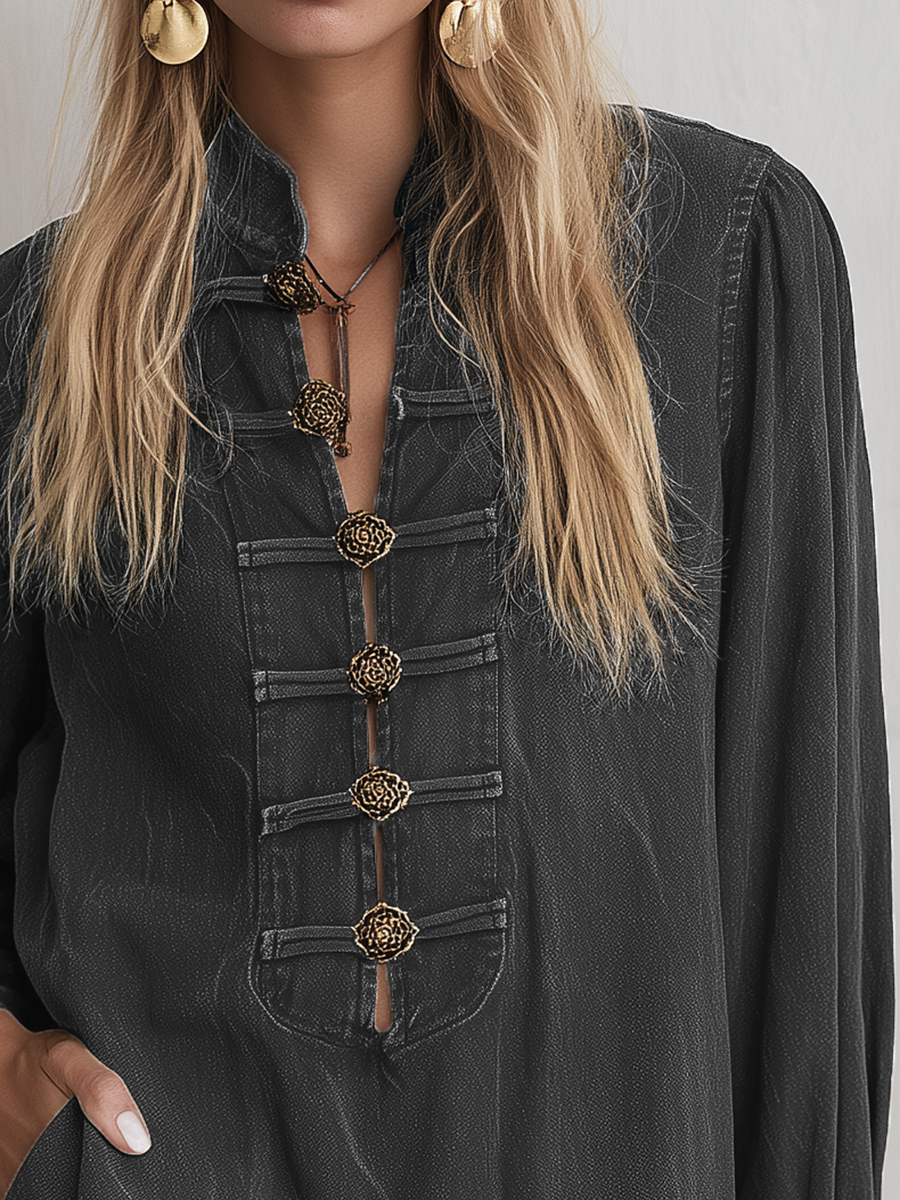 Boho Vintage Black Washed Stand Collar Ornate Button Denim Mini Dress