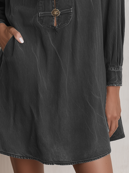 Boho Vintage Black Washed Stand Collar Ornate Button Denim Mini Dress