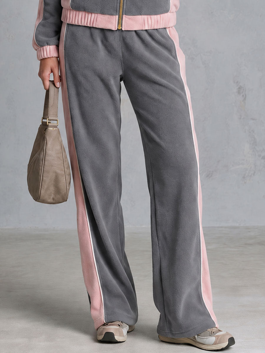 Casual Sporty Grey Lapel Zip-up Double-breasted Fleece Top And Pants Set
