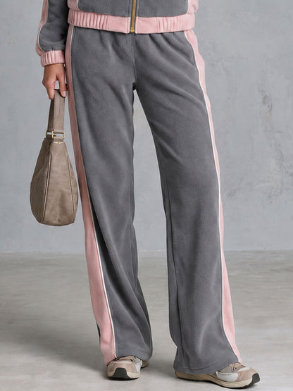 Casual Sporty Grey Lapel Zip-up Double-breasted Fleece Top And Pants Set