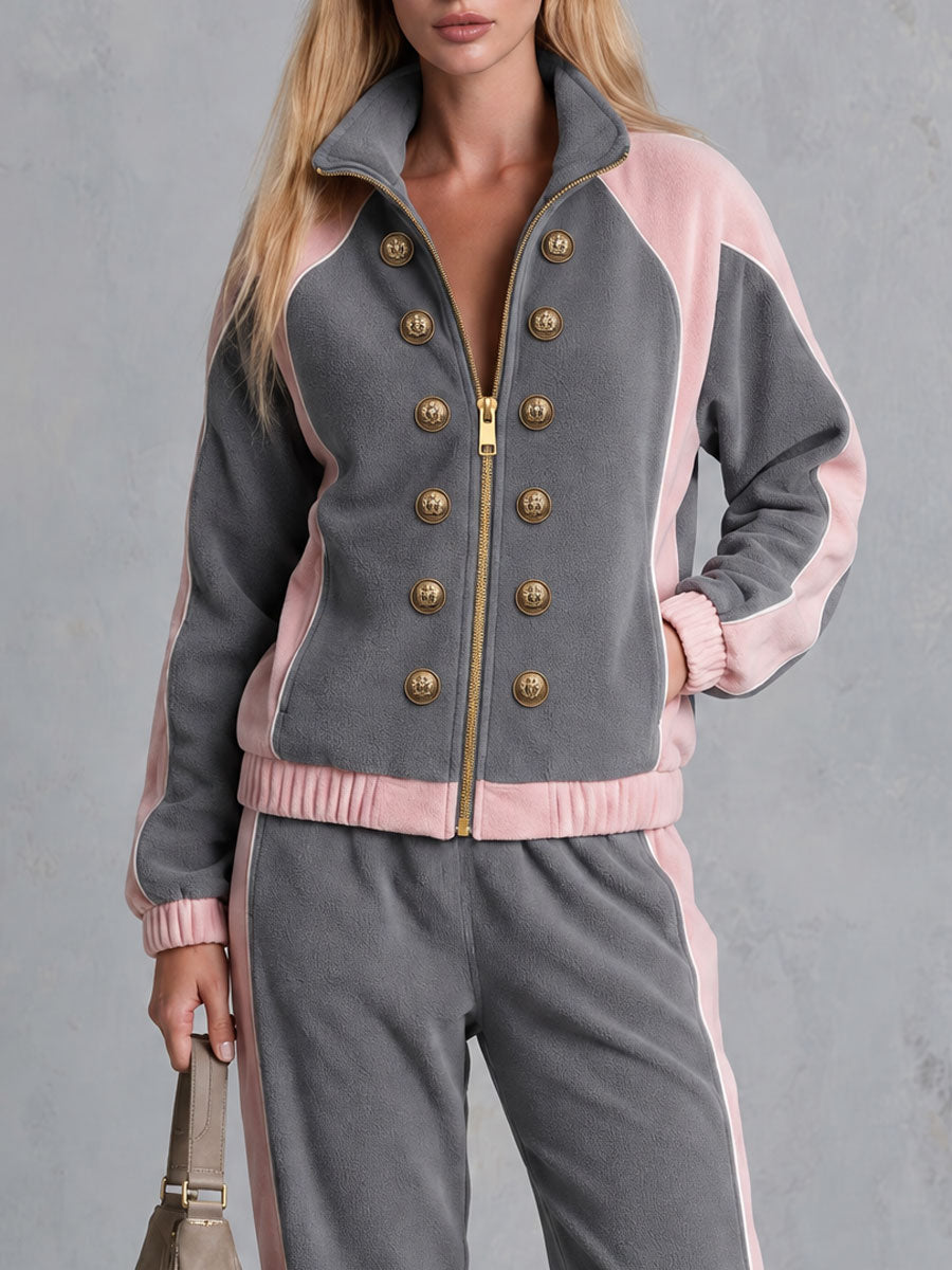 Casual Sporty Grey Lapel Zip-up Double-breasted Fleece Top And Pants Set
