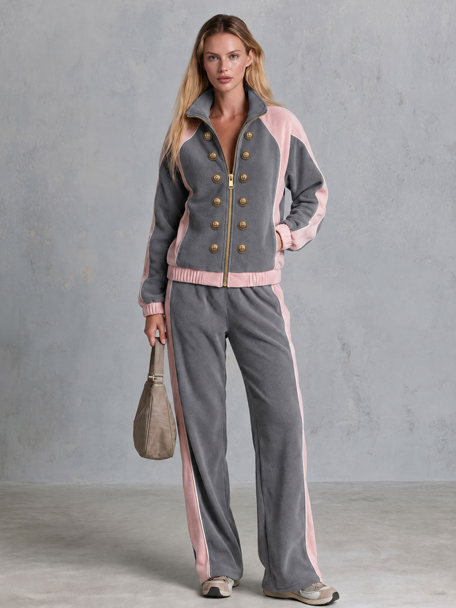 Casual Sporty Grey Lapel Zip-up Double-breasted Fleece Top And Pants Set