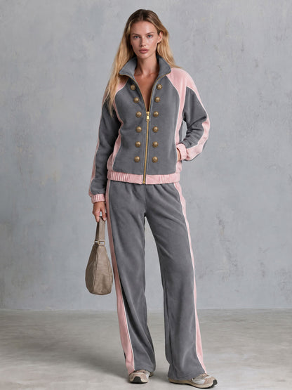 Casual Sporty Grey Lapel Zip-up Double-breasted Fleece Top And Pants Set