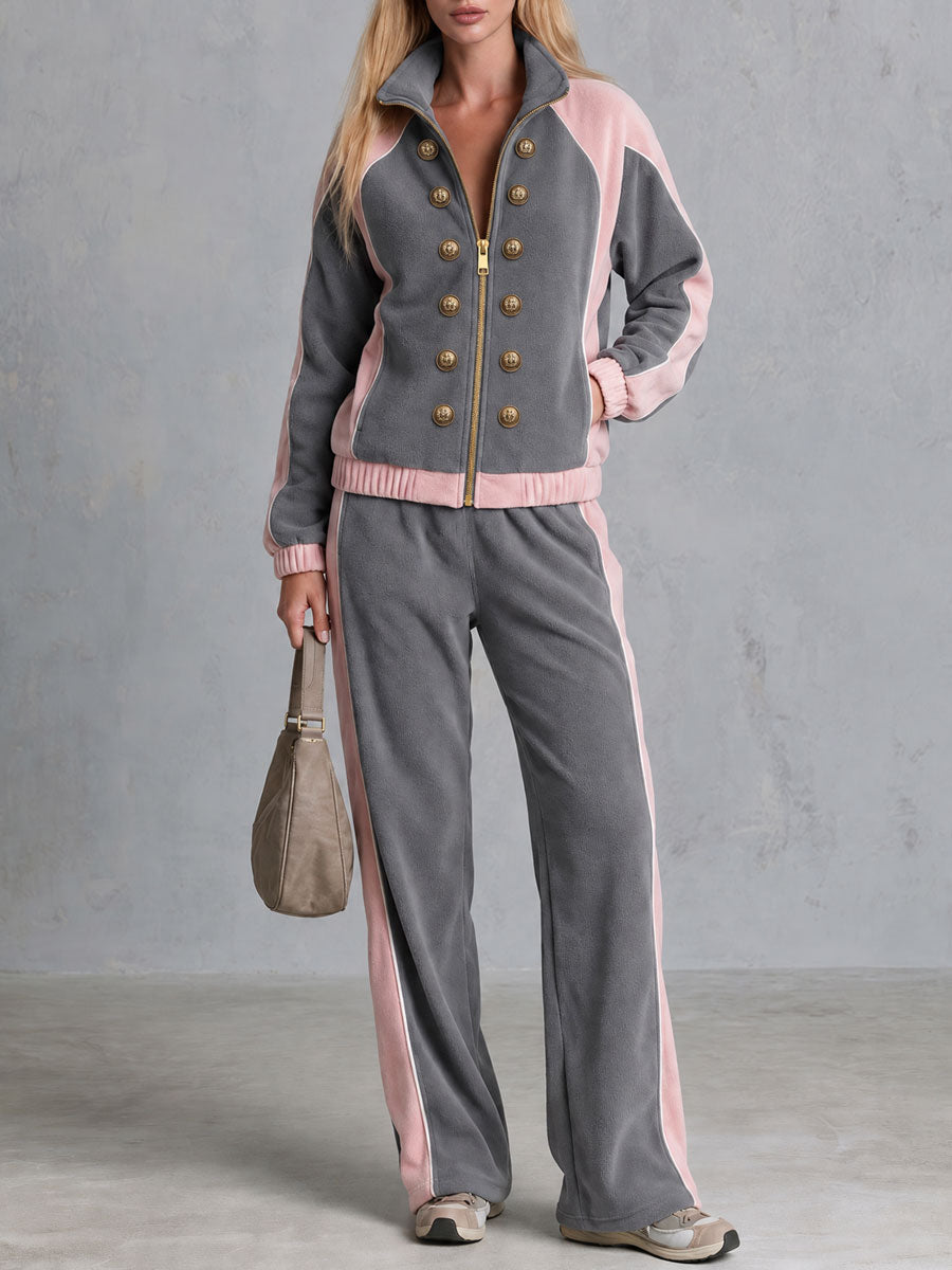 Casual Sporty Grey Lapel Zip-up Double-breasted Fleece Top And Pants Set