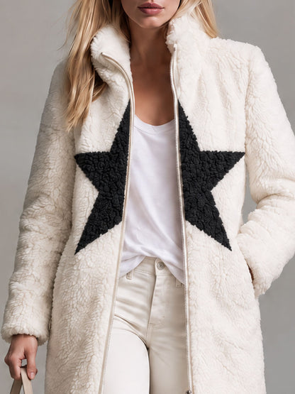 Retro-chic Color-blocked Star-patterned White Stand-collar Zip-up Fleece Coat