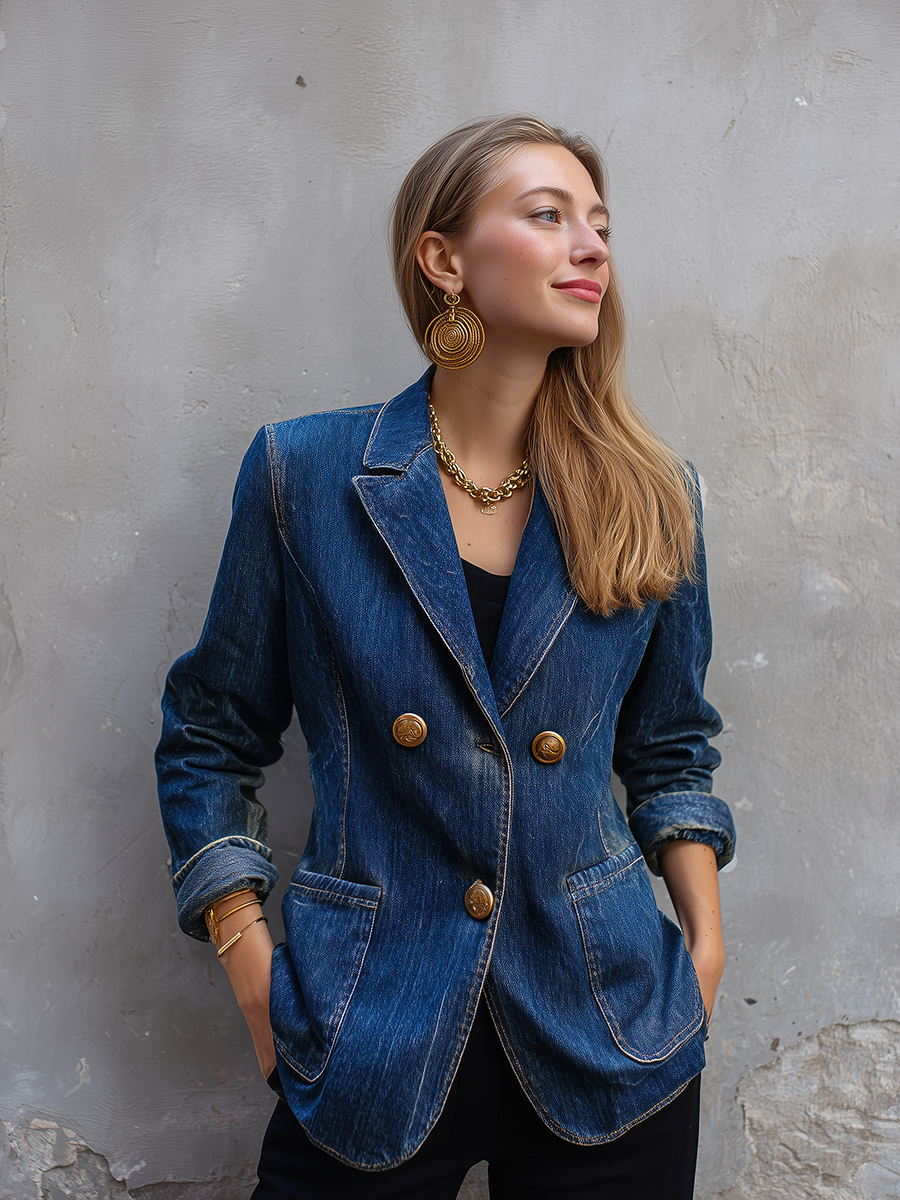 Vintage Chic Dark Wash Gold Button Tailored Denim Blazer