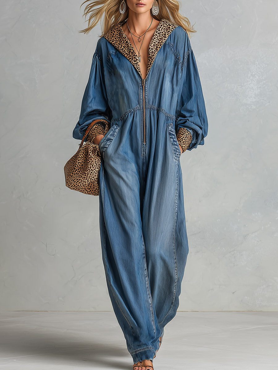 Casual Chic Oversized Leopard-Print Trim Blue Denim Jumpsuit