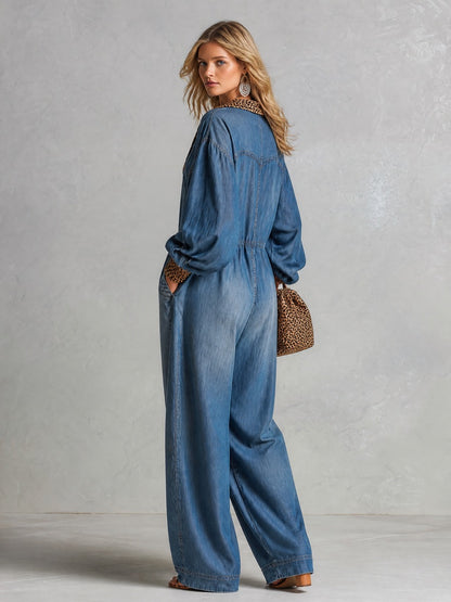 Casual Chic Oversized Leopard-Print Trim Blue Denim Jumpsuit