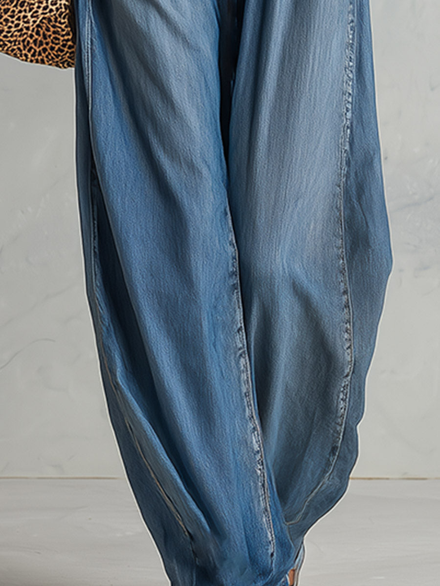 Casual Chic Oversized Leopard-Print Trim Blue Denim Jumpsuit