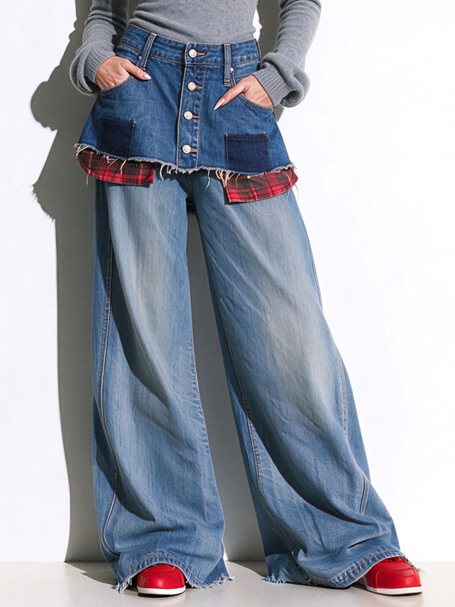 Retro Plaid Frayed Hem Mini Skirt With Metal Buttons And Blue Wide-leg Jeans