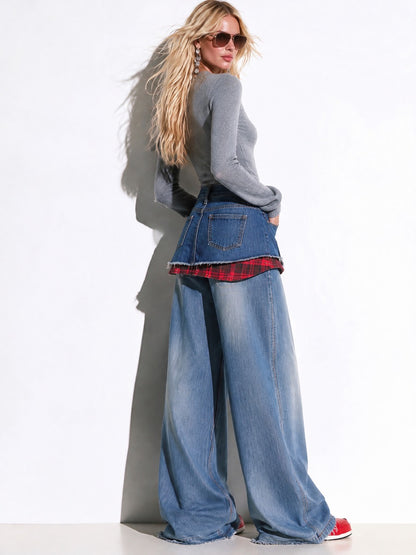 Retro Plaid Frayed Hem Mini Skirt With Metal Buttons And Blue Wide-leg Jeans
