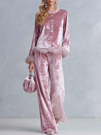 Elegant Faux-fur Trim Dusty Rose Crushed Velvet Top and Wide-Leg Trousers Two-Piece Sets