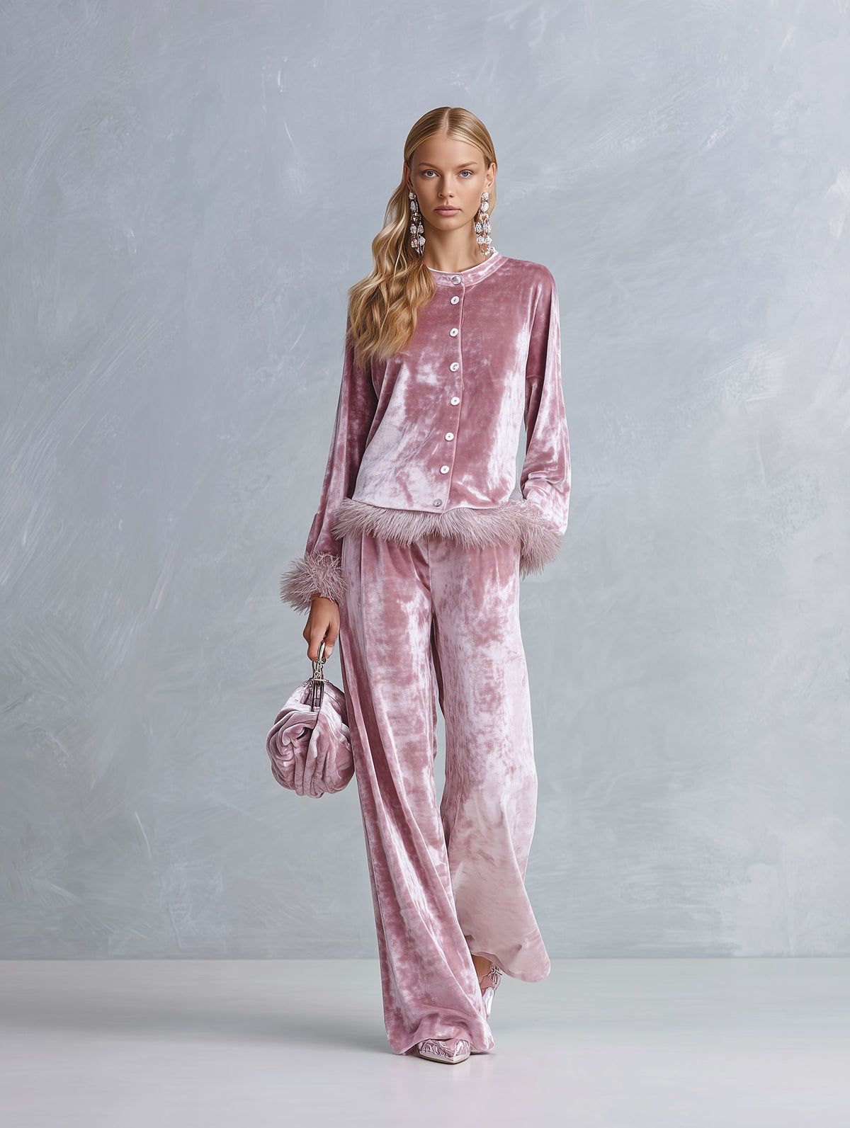 Elegant Faux-fur Trim Dusty Rose Crushed Velvet Top and Wide-Leg Trousers Two-Piece Sets