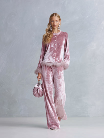 Elegant Faux-fur Trim Dusty Rose Crushed Velvet Top and Wide-Leg Trousers Two-Piece Sets
