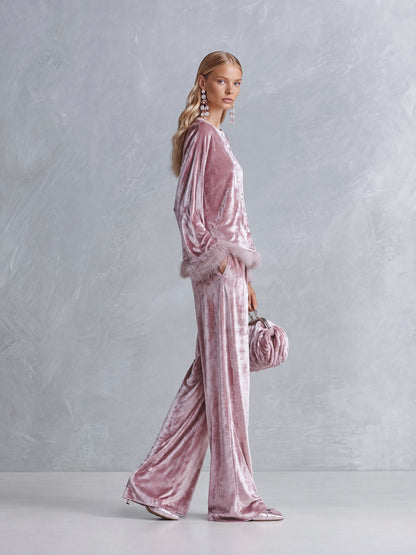 Elegant Faux-fur Trim Dusty Rose Crushed Velvet Top and Wide-Leg Trousers Two-Piece Sets