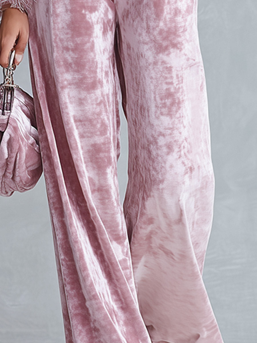 Elegant Faux-fur Trim Dusty Rose Crushed Velvet Top and Wide-Leg Trousers Two-Piece Sets