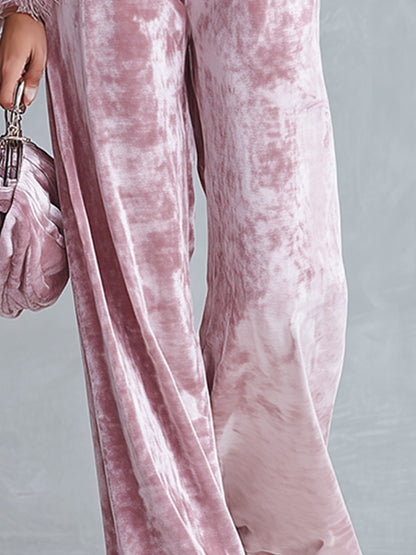 Elegant Faux-fur Trim Dusty Rose Crushed Velvet Top and Wide-Leg Trousers Two-Piece Sets