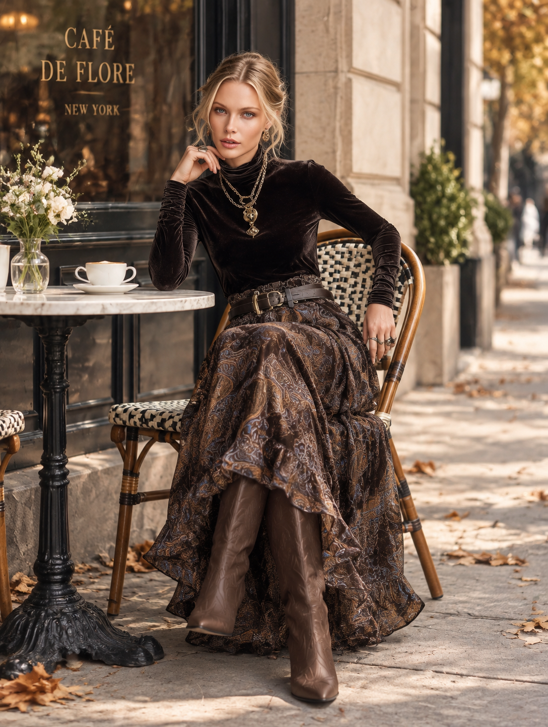 Vintage-style Dark Drown Long-sleeve T-shirt and Paisley Print Velvet Skirt Set