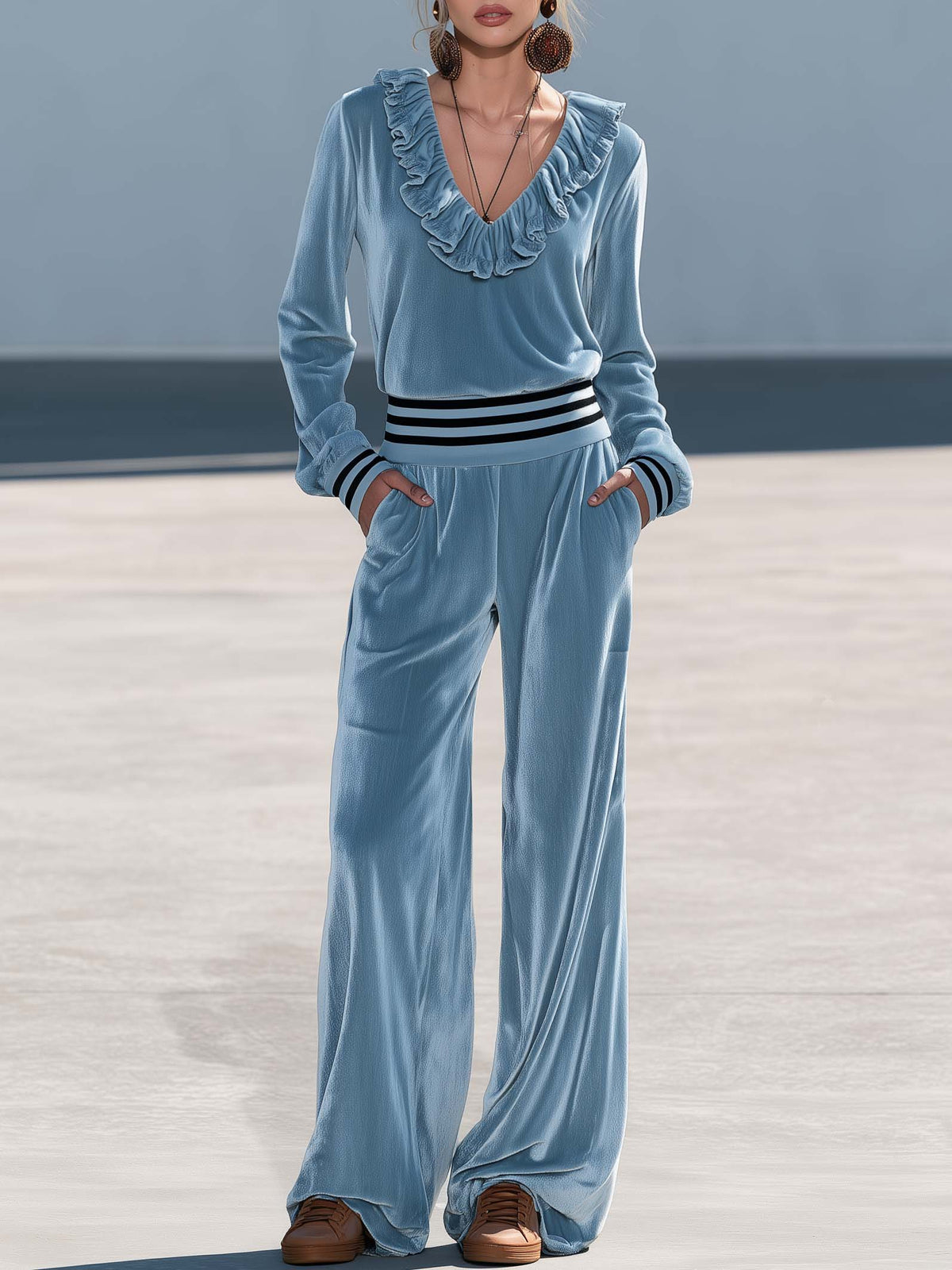 Retro Chic Dusty Blue Velvet Ruffle V-Neck Wide Leg Pants Two Piece Set