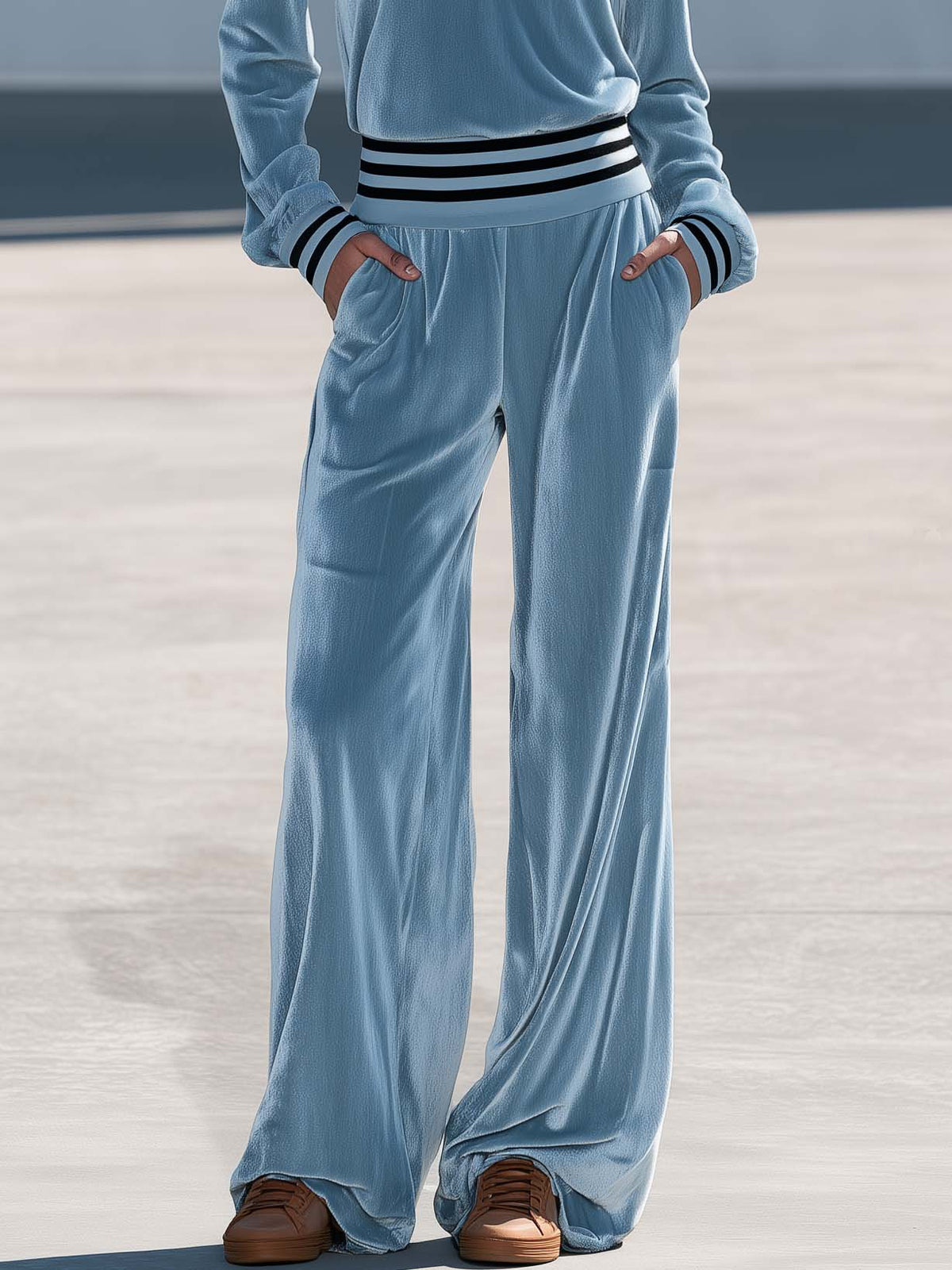 Retro Chic Dusty Blue Velvet Ruffle V-Neck Wide Leg Pants Two Piece Set