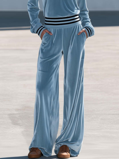 Retro Chic Dusty Blue Velvet Ruffle V-Neck Wide Leg Pants Two Piece Set