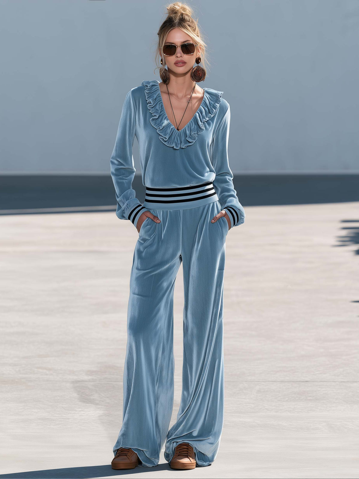 Retro Chic Dusty Blue Velvet Ruffle V-Neck Wide Leg Pants Two Piece Set