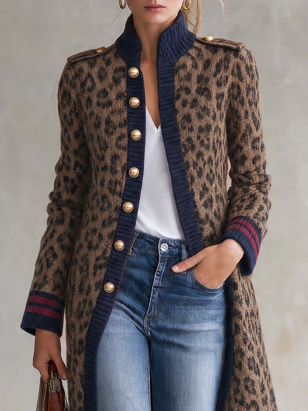 Military Vintage Camel Leopard Print Stand Collar Gold Button Womens Long Sweater Cardigan