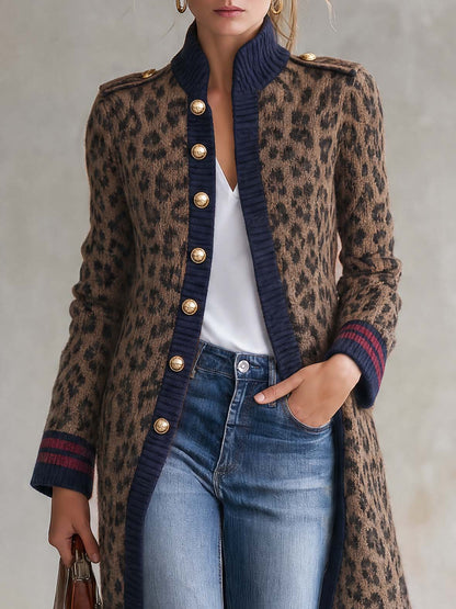 Military Vintage Camel Leopard Print Stand Collar Gold Button Womens Long Sweater Cardigan