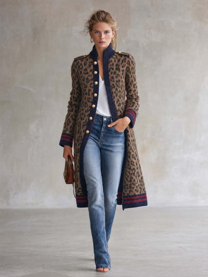 Military Vintage Camel Leopard Print Stand Collar Gold Button Womens Long Sweater Cardigan