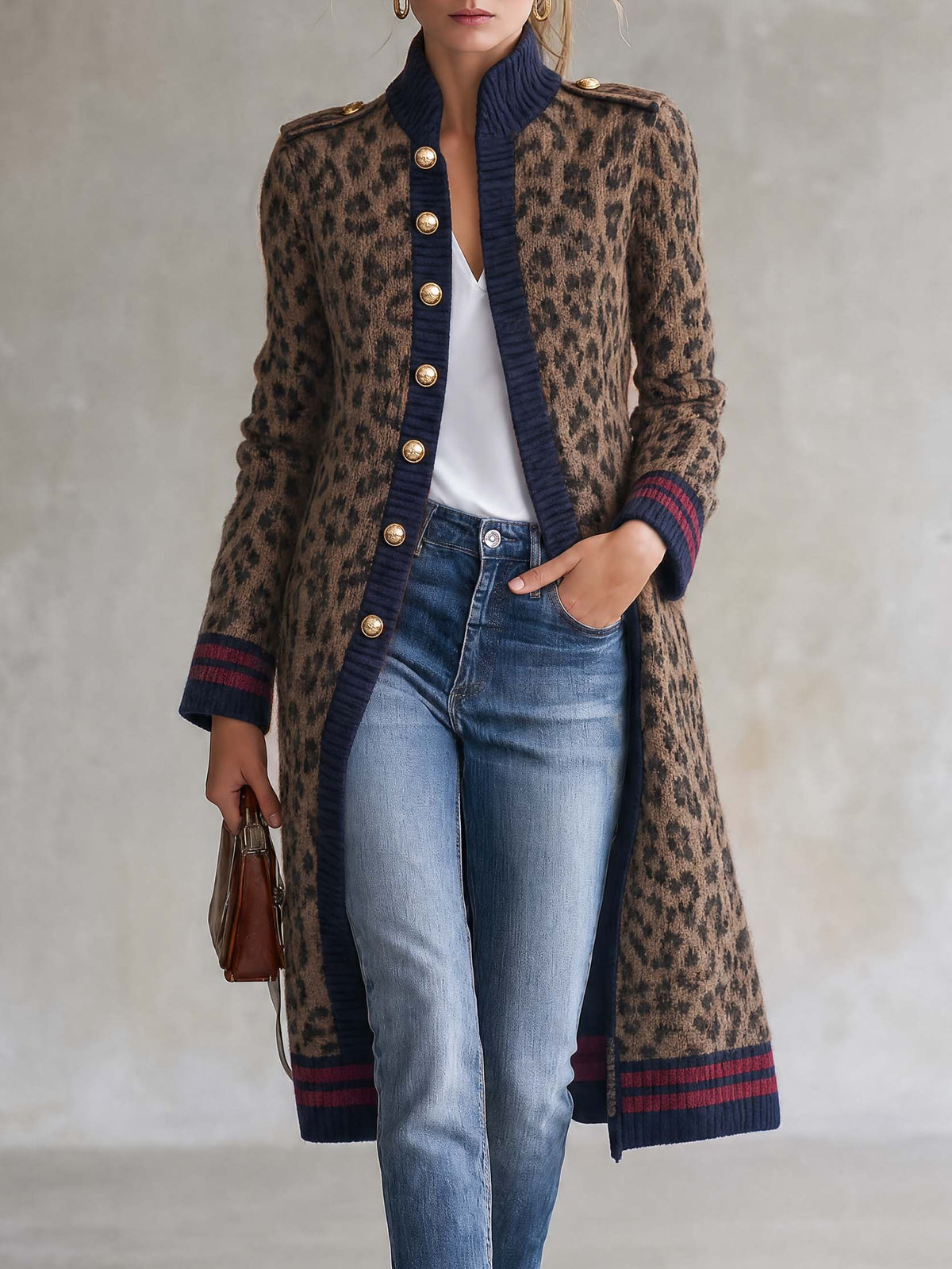 Military Vintage Camel Leopard Print Stand Collar Gold Button Womens Long Sweater Cardigan