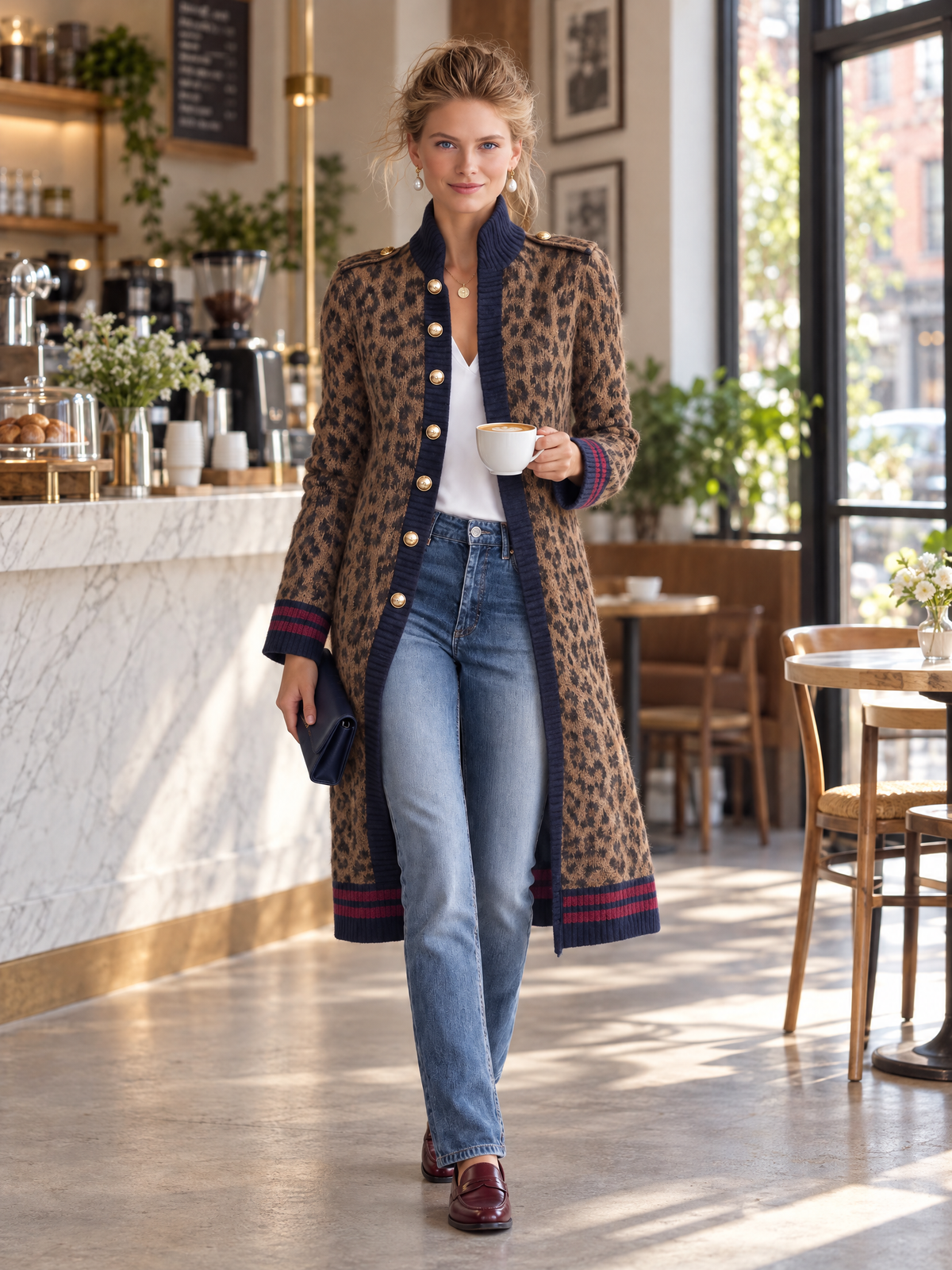 Military Vintage Camel Leopard Print Stand Collar Gold Button Womens Long Sweater Cardigan