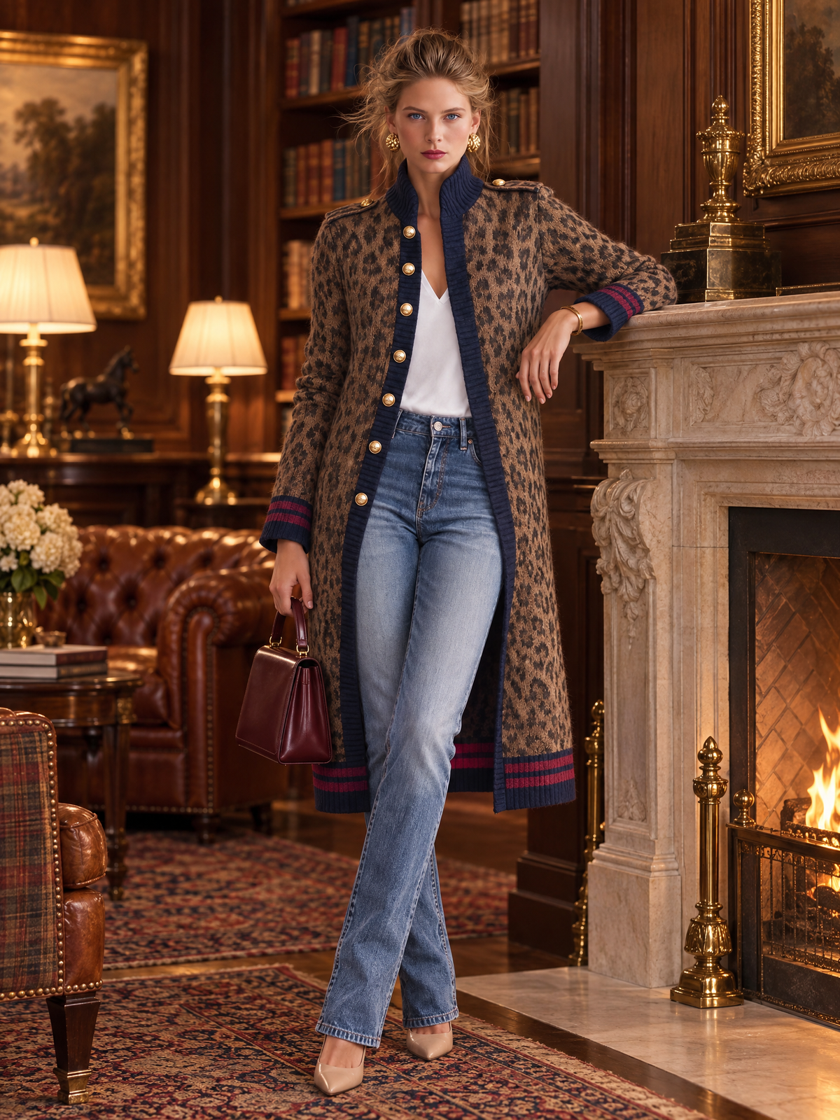 Military Vintage Camel Leopard Print Stand Collar Gold Button Womens Long Sweater Cardigan