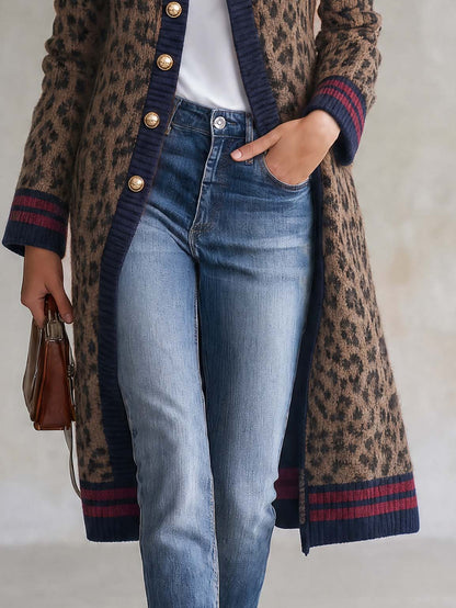 Military Vintage Camel Leopard Print Stand Collar Gold Button Womens Long Sweater Cardigan