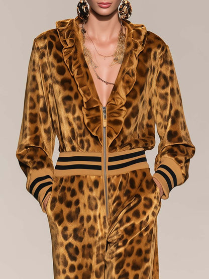 Retro Gold Leopard Print Velvet Ruffle V-Neck Zip Up Wide Leg Jumpsuit