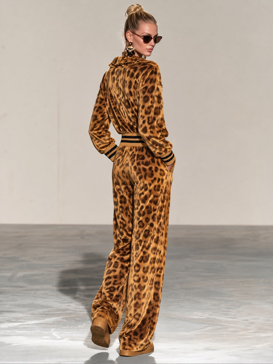 Retro Gold Leopard Print Velvet Ruffle V-Neck Zip Up Wide Leg Jumpsuit