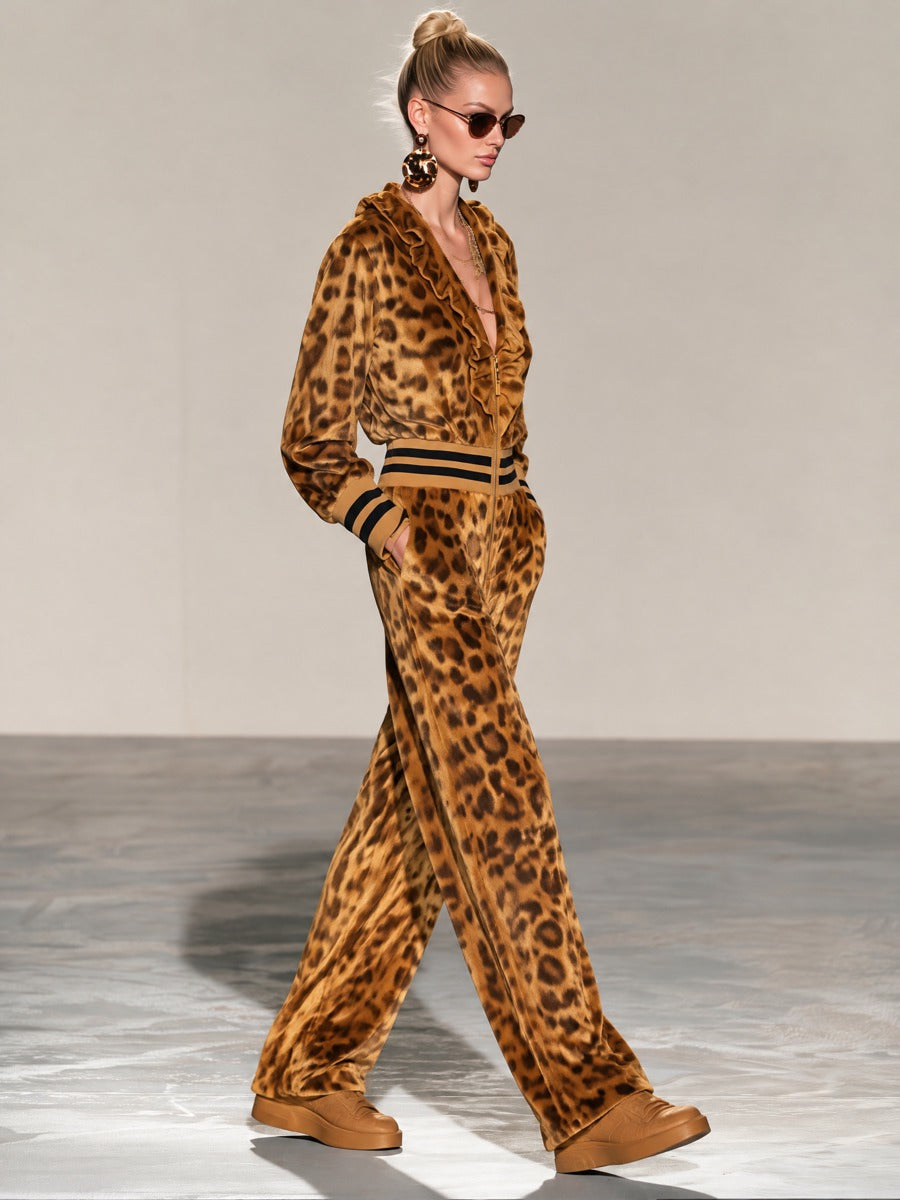 Retro Gold Leopard Print Velvet Ruffle V-Neck Zip Up Wide Leg Jumpsuit