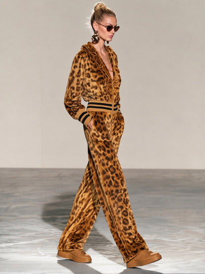 Retro Gold Leopard Print Velvet Ruffle V-Neck Zip Up Wide Leg Jumpsuit