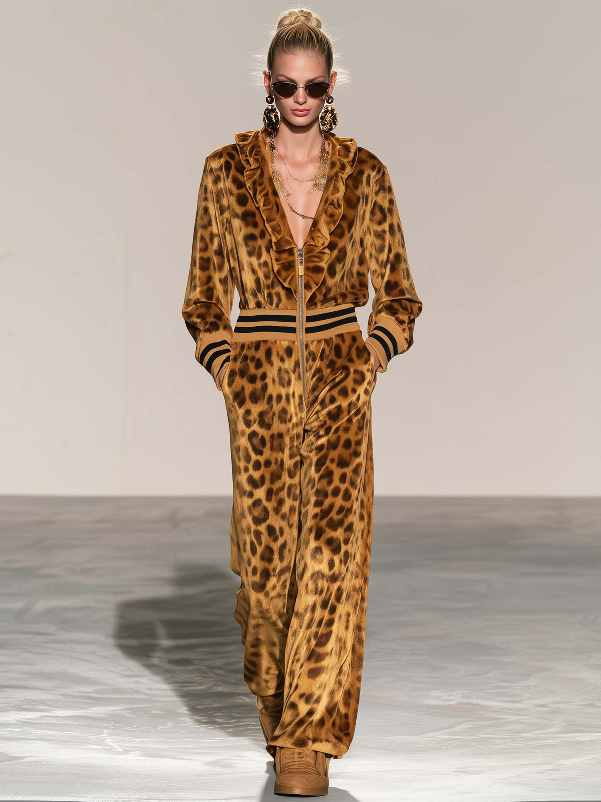 Retro Gold Leopard Print Velvet Ruffle V-Neck Zip Up Wide Leg Jumpsuit